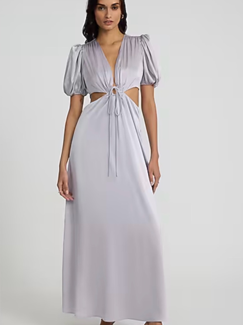 Express Silver-Light Grey Tie-Front Puff Sleeve Maxi Dress